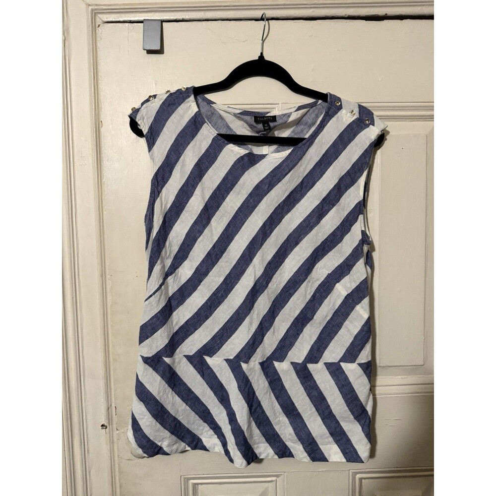 Talbots Size 10 100% Linen Blue White Striped Sleeveless Top Button Shoulder